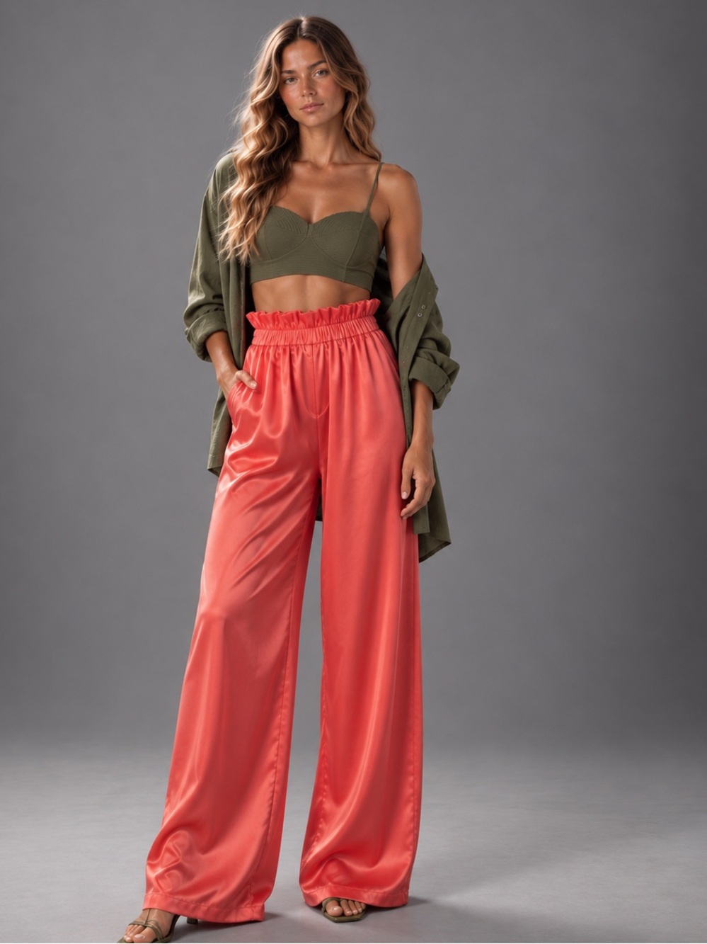 Coral Satin Wide Leg Trousers Resort